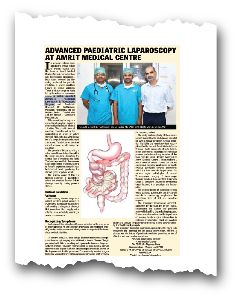 Dr. Raghul Maniam - Laparoscopic Ladd's in Neonate in Regional Daily Dr. Raghul Maniam keyhole surgeon in Regional Daily: Advanced 3mm laparoscopic Ladd’s procedure for midgut volvulus in 24-day-old neonate at Amrit Medical Centre